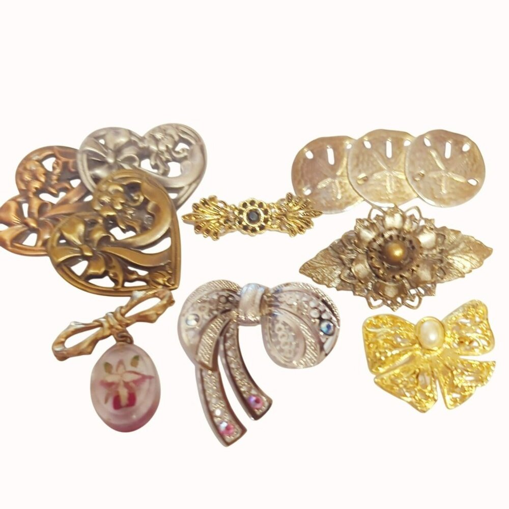 Vintage Brooch Pin Bundle Metal Floral & Bow Designs Mixed Lot